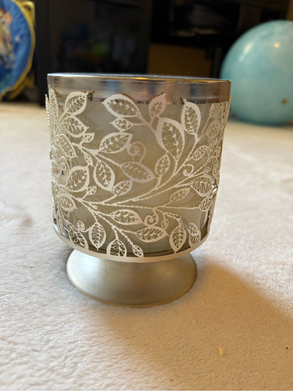 BBW Silver Leaf 3-Wick Pedestal Holder + White Gardenia Candle BBW